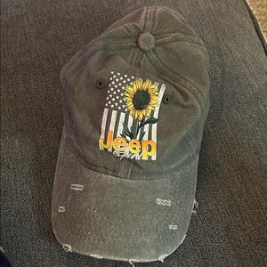 Jeep Women's Black Distressed Cap with Sunflower